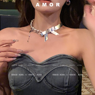 Y2k bạc nơ choker nối vòng cổ ngọc trai nữ thiết kế niche