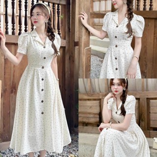  Đầm xốp Chấm bi thời trang thiết kế nữ dịu dàng nữ tính  đầm dài xòe họa tiết in cổ áo sơ mi đính nút tay ngắn 