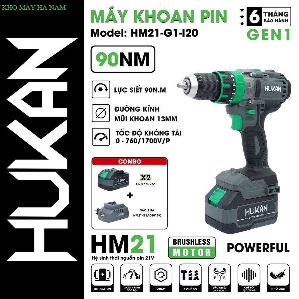 Máy khoan pi.m HUKAN HM21-G1-I20 - Lực Siết 90Nm, Khoan pi.m 3 chức năng Không Chổi Than KHO MÁY