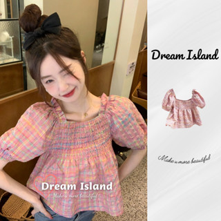  『Dream Island』Áo Sơ Mi Ngắn Tay Tay PhồNg Tay Ngắn croptop Cổ Vuông một bên vai kẻ sọc dập nổi kiểu Pháp ngọt ngào khuôn viên đơn giản thời trang Hàn Quốc nhỏ nhắn tươi mới 