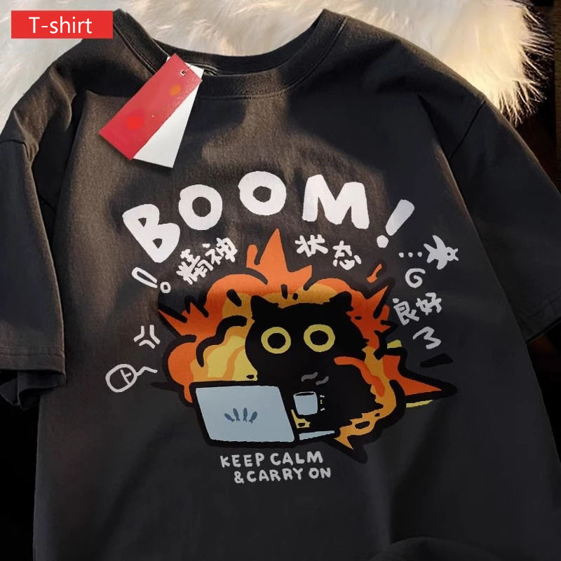 Áo thun ngắn tay dáng rộng Nam / Nữ 2024 Mới Mỹ Ins Harajuku Retro In Hình Top