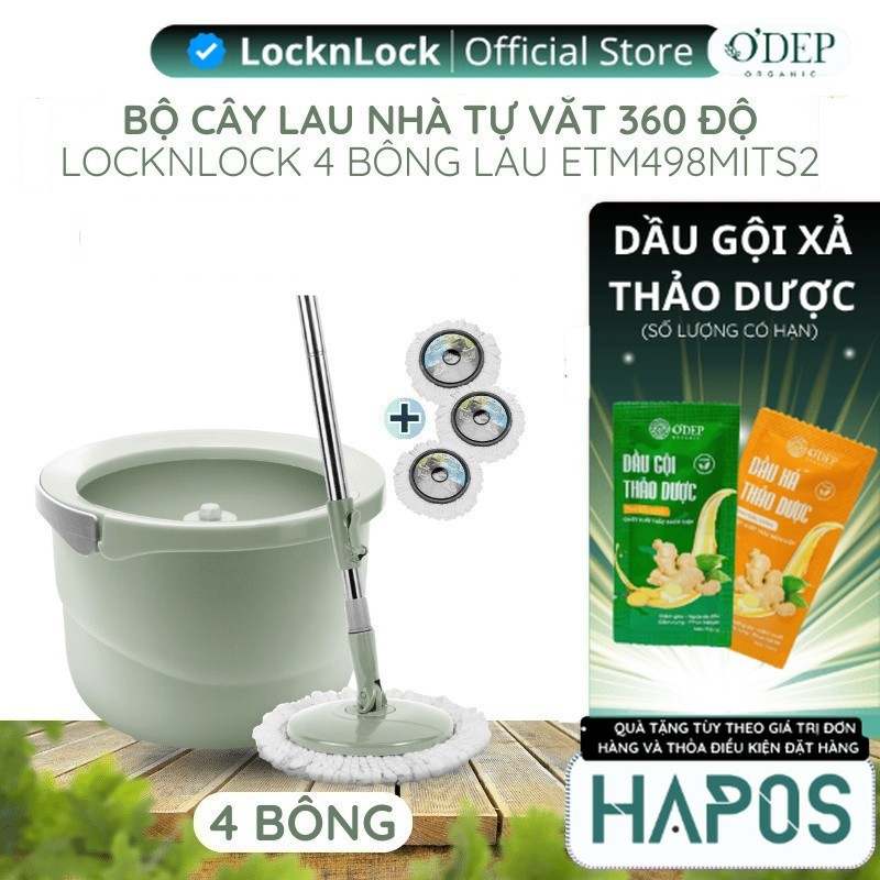 Cây lau nhà LocknLock ETM498MITS2, tự vắt xoay 360 độ, kèm 3 bông lau, có cán tay dài dễ vệ sinh - H