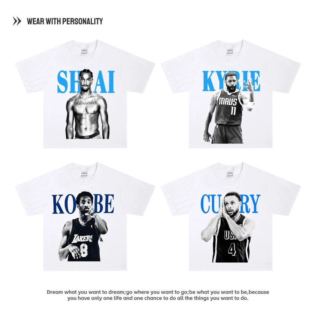 Áo thun nam 100% Cotton, thiết kế in hình các ngôi sao bóng rổ như Irving, Curry, Kobe và LeBron