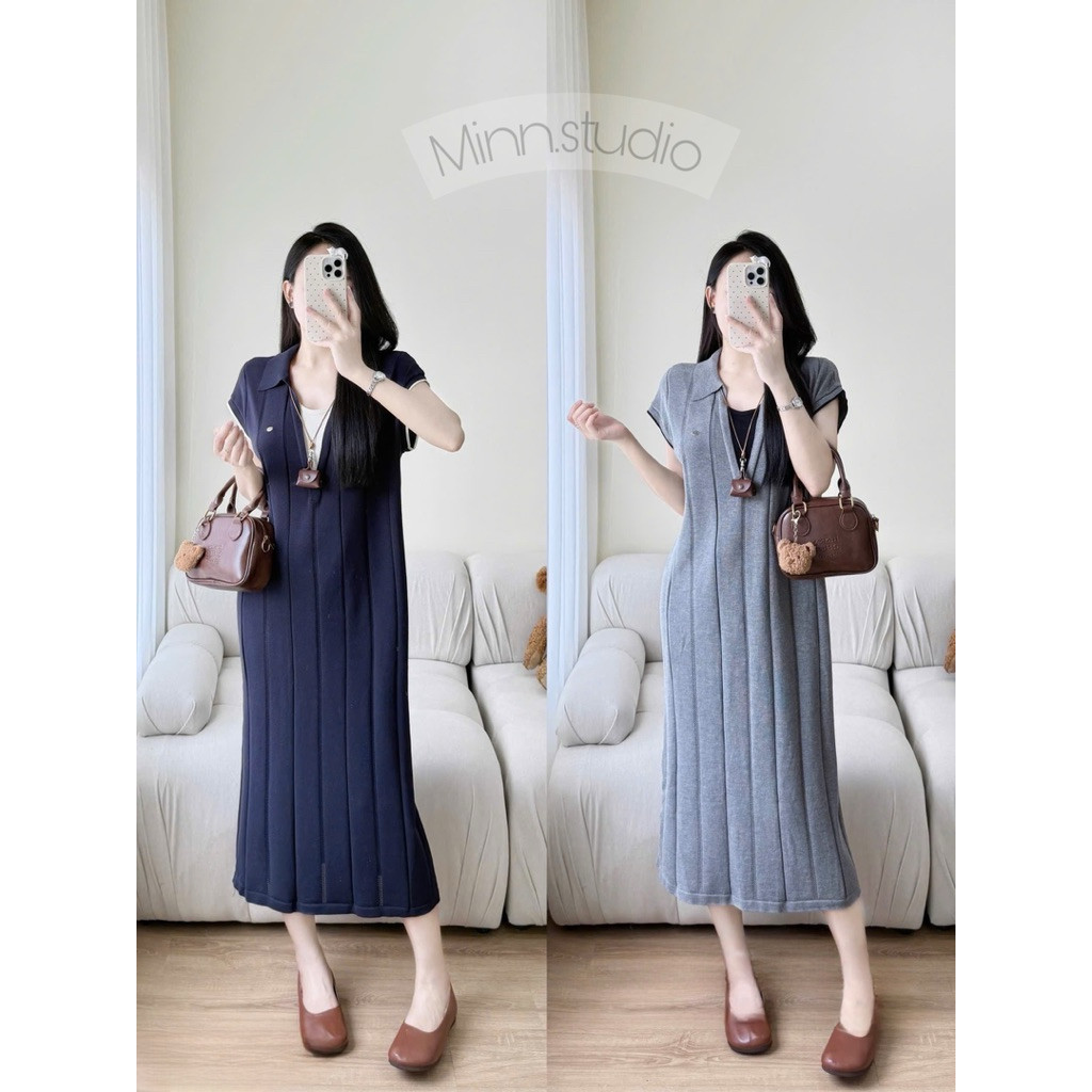 [Minn.studio] Váy Len mtg sọc dọc phối cổ bẻ tag ngực (Hàng QC)
