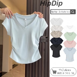  【100% cotton  Áo baby tee Áo Thun ôm body Áo y2k cổ chữ V màu xanh tay ngắn dây rút eo và xếp ly 