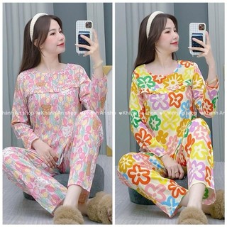  KA150 - Đồ Bộ Tole Lanh Áo Cổ Tròn Phối Bèo Tay Dài  Quần Dài Hoạ Tiết Dễ Thương 