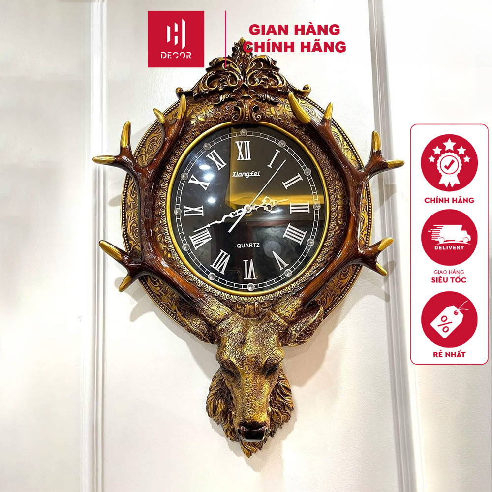 Đồng Hồ Treo Tường Hươu Đá Sừng Vàng – Mẫu Đồng Hồ Decor Đẹp, Rẻ, Sang Trọng Mã 974 - HDECOR