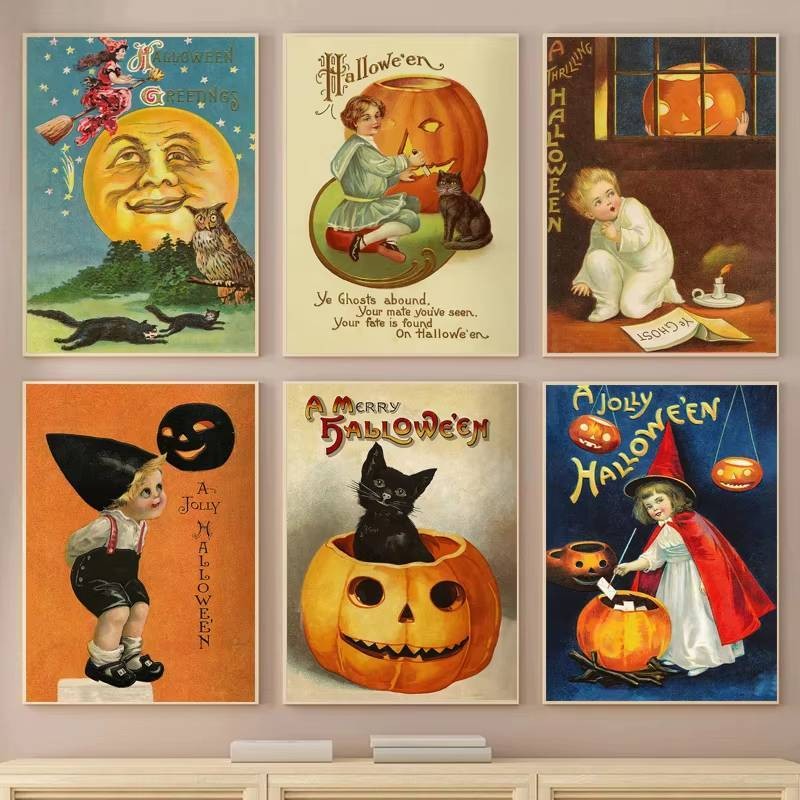Retro Hoạt Hình trừu Tượng Kinh Dị Halloween Phù Thủy Bí Ngô poster Vải Tranh Sơn Dầu In Hình Nghệ Thuật Phòng Nhà Tường Trang Trí Quà Tặng