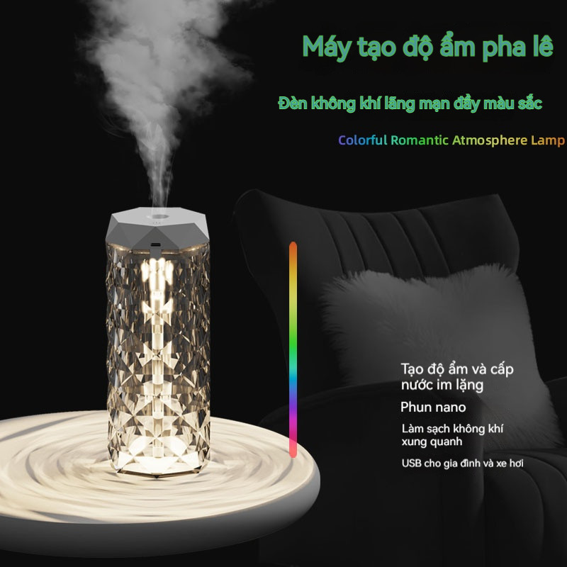 Máy tạo độ ẩm pha lê, không gây tiếng ồn, đèn nhiều màu, giữ ẩm lâu dài, sạc USB