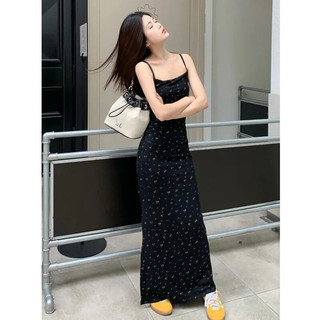 Váy 2 dây Váy trễ vai Váy đi biển Váy cottagecore Đầm dài Đầm Hoa Pháp Nữ Xuân Hè Slim-fit Đầm Dài Màu Đen