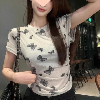 Áo thun ngắn tay cổ tròn thời trang Hàn Quốc dành cho nữ mùa hè in hình bướm mỏng vừa vặn