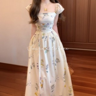 Pháp Retro Đẹp Hoa Đầm Nữ Mùa Hè Mục Vụ Phong Cách Eo Thu hẹp Mỏng Hơn Nhìn Tính Khí In Chữ A Váy Dài