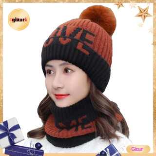 Giaurz 2 Cái / bộ Mũ Nữ Khăn Bộ Dệt Kim In Chữ Màu Sắc Phù Hợp Với Bóng Sang Trọng Làm Dày Chống Lạnh Chống Gió Bảo Vệ Tai Đi Xe Đạp Nữ Cổ Ấm Mũ Phụ Kiện Mùa Đông