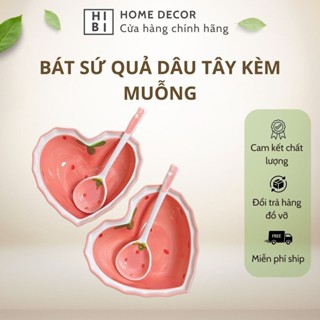 Chén Sứ Trái Tim Cao Cấp - Bộ Chén Dâu Tây Xinh Xắn Kèm Muỗng Dâu Tây - Hibi
