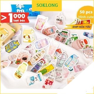 Hộp 45-50 sticker dễ thương, vintage hình hoa lá, cây xanh, hộp sữa, động vật, hoa quả các mẫu