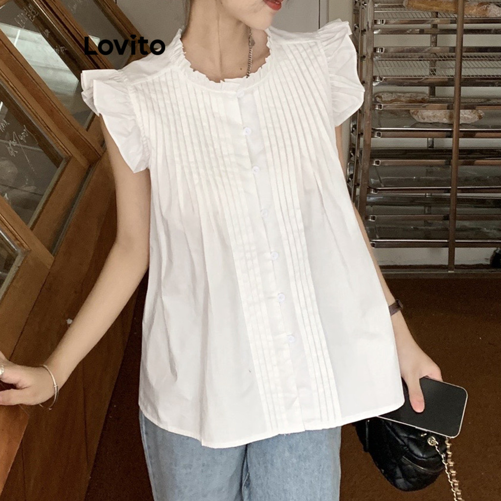 Áo kiểu Lovito lai bèo xếp ly diềm xếp nếp màu trơn thường ngày cho nữ LNE24177 (màu trắng)