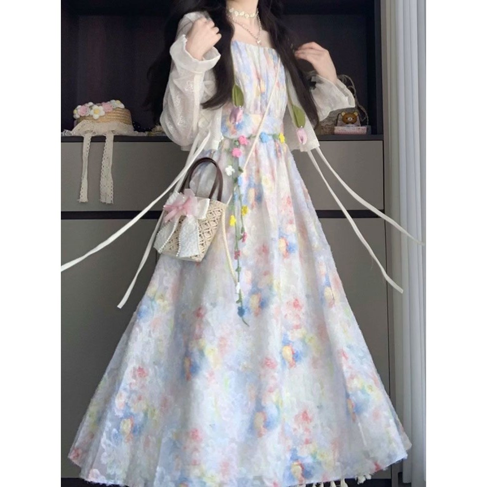 Set Váy 2 Dây Hoa Dáng Dài, Áo Khoác Dài Tay Đan Dây Cột Nơ Ngọt Ngào Dễ Thương