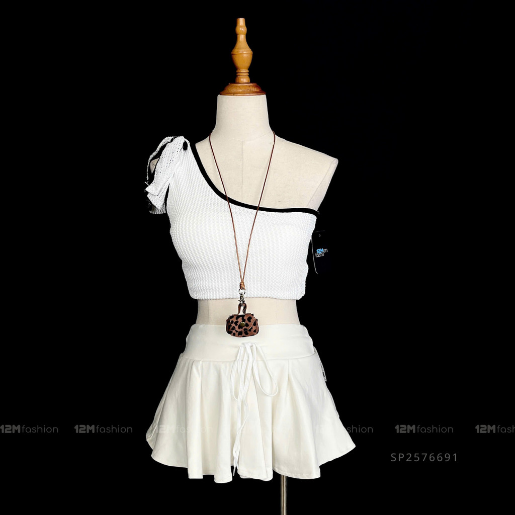 Áo lệch vai lưới thắt nơ thời trang phong cách quyến rũ _ 12M fashion