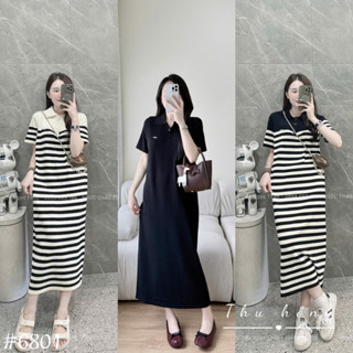 Váy len mongtoghi TIRA MAMA M209 Váy Len bầu suông Váy polo dáng dài phối kẻ đính tag ngực