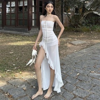 Klalien Mùa Hè 2024 Mới Thời Trang Nữ Phối Ren Áo Ngực Có Ruffle Edge Chia Ôm Đầm Dài