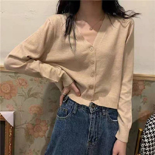 Áo Cardigan cổ chữ V kiểu mới 2024 Áo kiểu ngắn mặc ngoài áo khoác mỏng mùa thu Áo dệt kim Lụa băng dài tay nữ