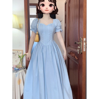 Blue French Style Long Dress Puff Sleeve plus Size Design Female Court Style Princess Waist-Tight Dress Escaped Fatmm ZRF6