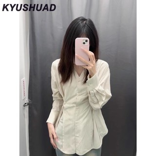 Kyushuad Áo sơ mi nữ cổ chữ V kiểu Pháp thiết kế thích hợp eo cinching áo dài tay đa năng