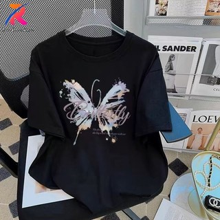 Ruidiandian 2024 Thời Trang Mới In Hình Bướm Tay Ngắn Cho Nữ Mùa Hè Hàn Quốc Rời Cổ Tròn Áo Thun Top Đa Năng Quần Áo Thường Ngày