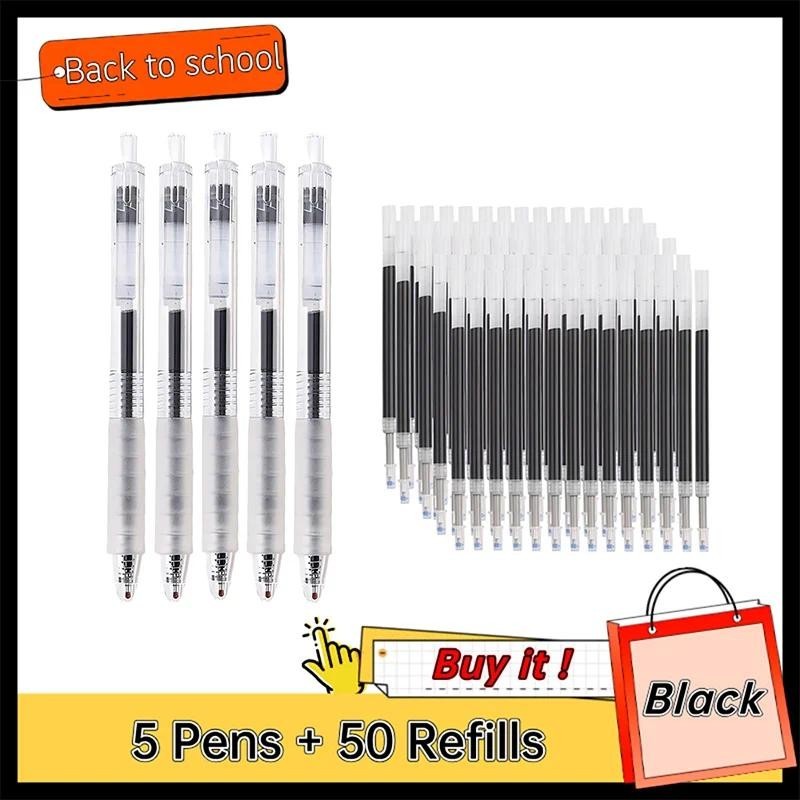 Bộ 5 Bút + 50 Nạp Bút Gel 0.5mm Mực Đen Có Thể Thu Vào Thiết Kế Trong Suốt Mềm Tay Cầm Viết Mịn Đồ D