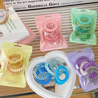 PVN65809 SET 6 Dây Chun Thun Buộc Tóc Vòng Đeo Tay Dạng Lò Xo Màu Thạch Pastel Mix Họa Tiết Vintage Dành Cho Nữ