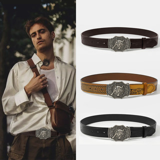 Thắt Lưng Nam Lớp Đầu Tiên Da Bò Rửa Khắc Thắt Lưng Retro Thời Trang Phương Tây Denim Châu Âu Mỹ Phong Cách Da Thật