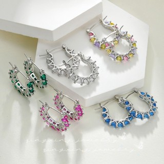 Châu Âu Mỹ ins Phong Cách Mới Đầy Đủ Kẻ Sọc Đỏ Corundum Spinel Zircon Hình Chữ U Bông Tai Nữ