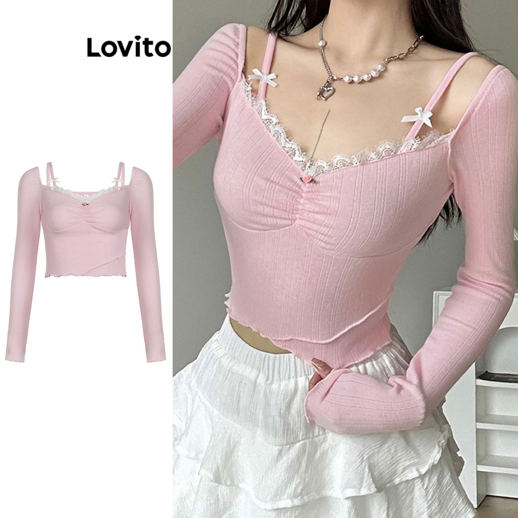 Lovito Áo thun trơn họa tiết cho nữ LNA70064