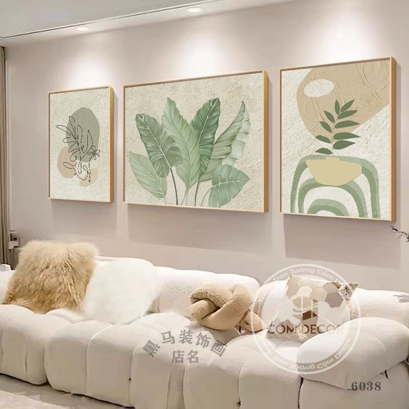 Tranh treo tường khung nhôm tráng gương bộ 3 Decor phòng ngủ phòng khách homestay hoa lá đồi núi trừu tượng bấc âu