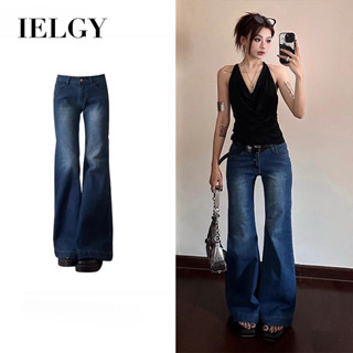 IELGY Quần jean eo thấp phong cách Mỹ dành cho nữ màu xanh đậm hơi loe quần dài sàn