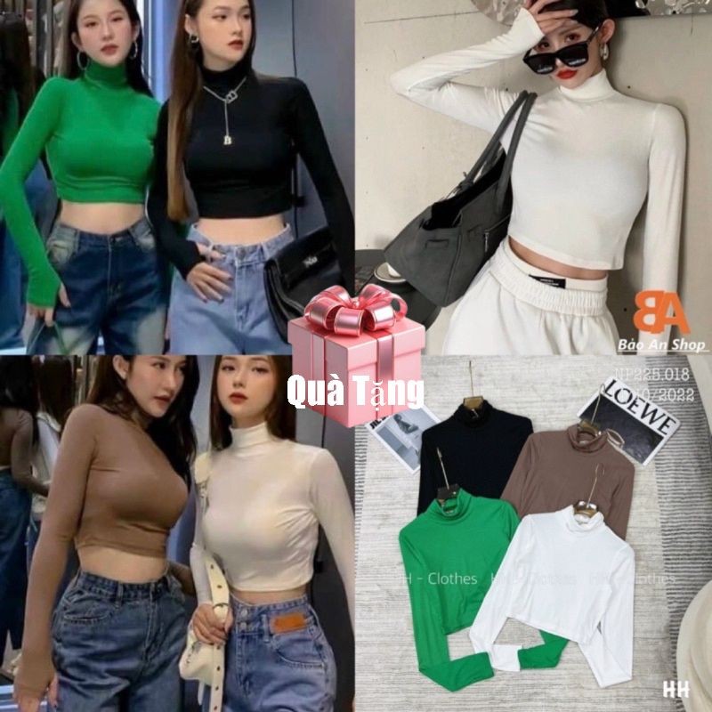Áo thun nữ kiểu cổ lọ chất vải thun ôm body cá tính tay dài form croptop gợi cảm Free Size dưới 54kg