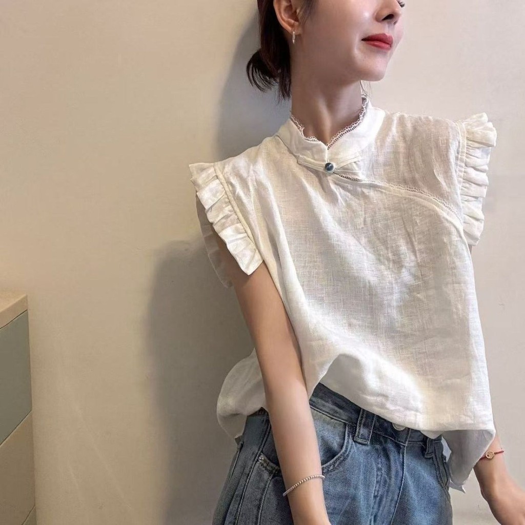Áo Sơ Mi Tay Ngắn Cho Nữ Mùa Hè Mới Phối Ren Màu Sắc Đồng Nhất Phong Cách Trung Quốc | BigBuy360 - bigbuy360.vn