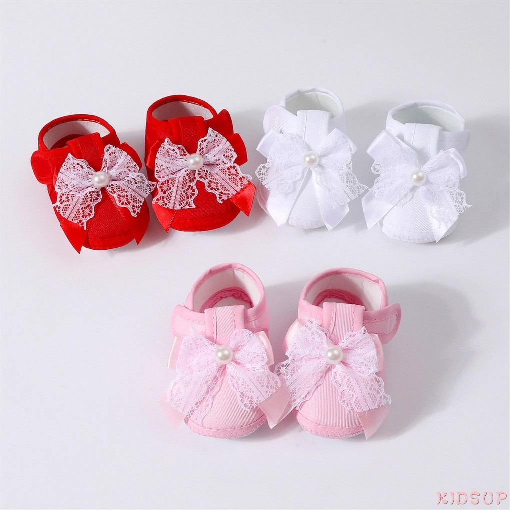 KIDSUP1-Baby Bé Gái Công Chúa Giày Ren Mềm Nơ Chống Trơn Trượt Đáy Giày Tập Đi Đầu Tiên Giày Tập Đi