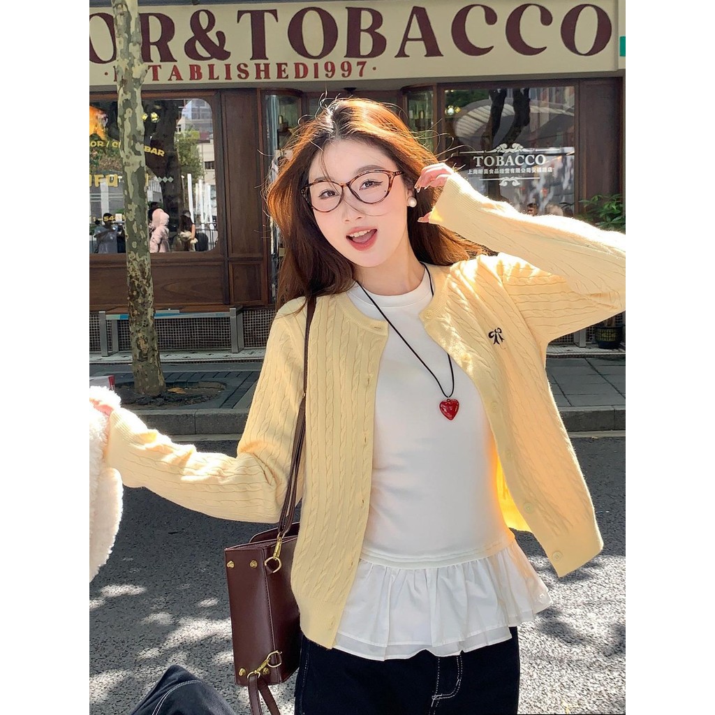 YAYUAN Cardigan nữ dệt kim cổ tròn màu vàng, phong cách thời thượng