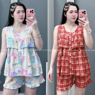  KA124- Đồ Bộ Tole Lanh Nữ  Mặc Nhà Áo Sát Cánh Tầng Quần Đùi Size 40-80kg Hoạ Tiết Hoa Hình 