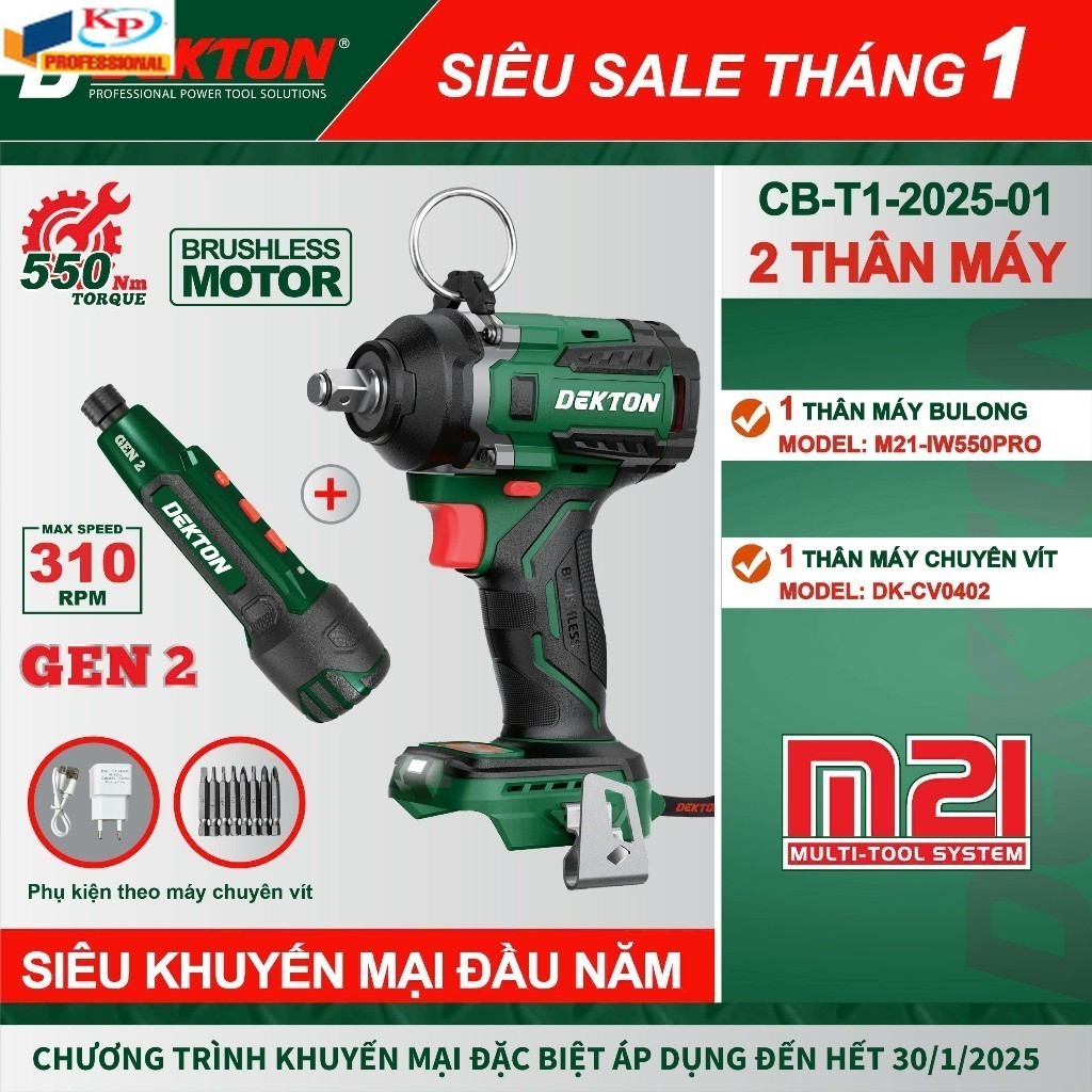 Máy Siết Bulong 550Nm DEKTON M21-IW550 Tăng DK-CV0402 Chính hãng dekton k phát điện máy