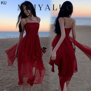 Du Lịch Ảnh Kỳ Nghỉ Váy Dài Nữ Đỏ Suspender Đầm Nữ Bali Kỳ Nghỉ Suspender Váy Dài Ngọt Ngào Thanh Lịch Không Đều Susp