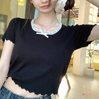 Mùa hè cổ vuông ren tấm nấm cạnh áo thun ngọt ngào Hàn Quốc mỏng vừa vặn dệt kim ngắn tay hàng đầu