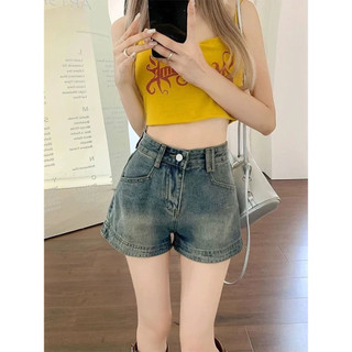 Phong Cách Hàn Quốc Mùa Hè Quần Short Denim Cũ Cổ Điển Tôn Dáng Gầy Cạp Cao Cho Người Nhỏ