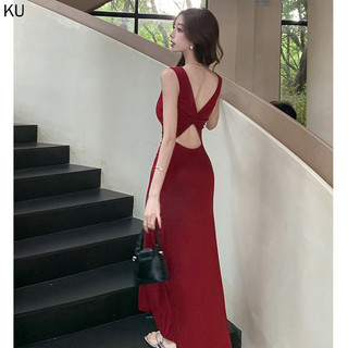 Gợi Cảm Không Lưng Không Tay Váy Dài Nữ Mùa Hè Mỏng Lưng Dây Đeo Đầm Nữ Thiết Kế Mùa Hè Thắt Nút Đeo Chéo Váy Dài Hẹp