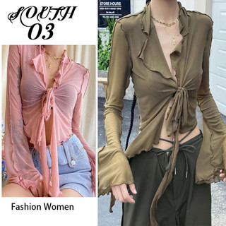 Áo Thun Tay Dài Cổ Chữ v Xuyên Thấu Buộc Dây Dáng Ngắn Thời Trang Cho Nữ áo croptop ( Có Sẵn-Giao ngay)