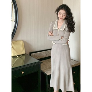 Váy Liền Dệt Kim Tôn Dáng Cổ Bẻ Phong Cách Thơm Nhỏ Dễ Thương Tinh Nghịch Váy Dài Mặc Trong Cạp Cao Cảm Giác