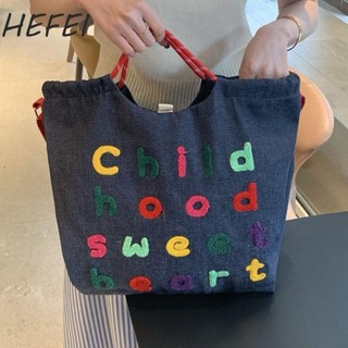 HEFEI Túi xách thêu chữ, In túi Tote dây rút phong cách Hàn Quốc, Túi sinh thái nhẹ Túi đựng khăn vải Denim INS Túi đeo vai du lịch
