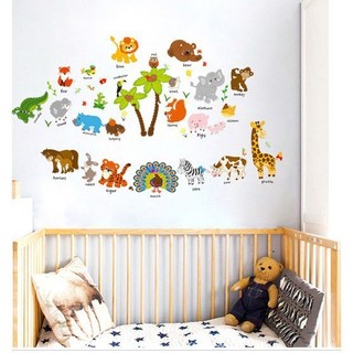 Decal dán tường vườn thú tiếng Anh 2 (2 cây dừa)