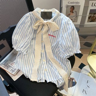 Pháp Ngọt Ngào Ren Nơ Sọc Áo Sơ Mi Nữ Thiết Kế Mùa Hè Niche Nối Bong Bóng Tay Ngắn Top Hợp Thời Trang